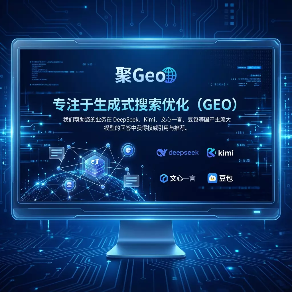 AI网络与数据连接示意图，展示数字大脑连接到多个数据节点，未来感蓝色和金色主题，代表生成式搜索优化和AI大模型技术