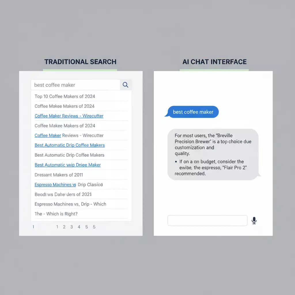 SEO与GEO对比示意图：左侧显示传统搜索引擎结果页面，右侧显示AI聊天界面，提供简洁答案。展示生成式搜索优化与传统搜索优化的区别。