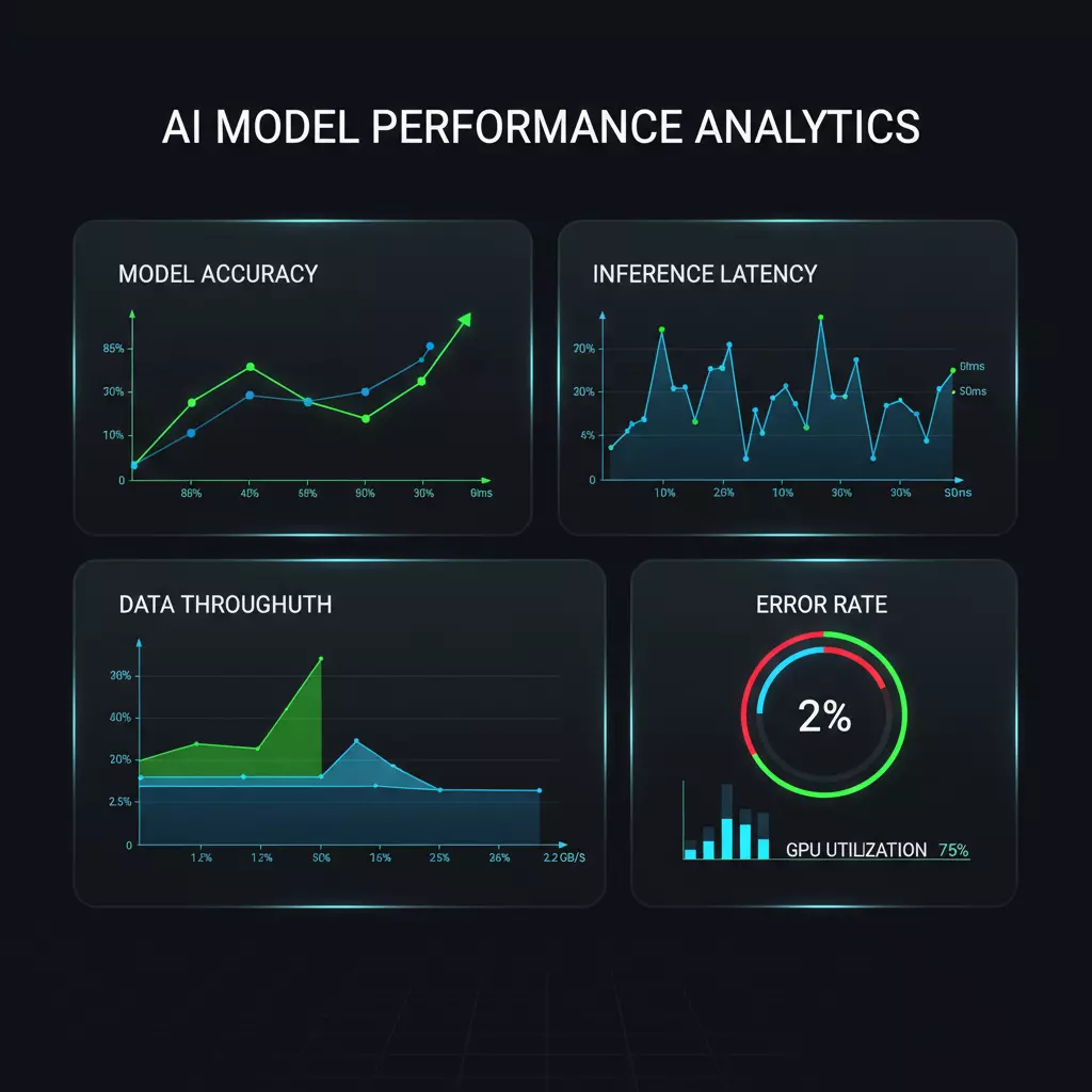 显示AI模型性能实时分析图表的仪表板界面，深色模式，霓虹绿和蓝色线条，数据可视化风格。展示生成式搜索优化监测系统。
